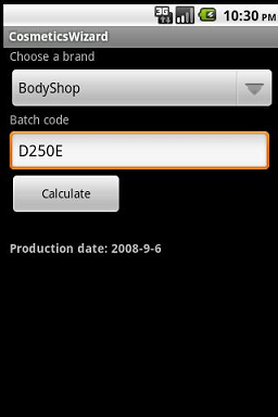 Screenshot of production date calculated in the Cosmetics Wizard Android App