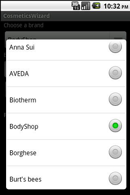 Screenshot of selection menu for beauty products in the Cosmetics Wizard Android App